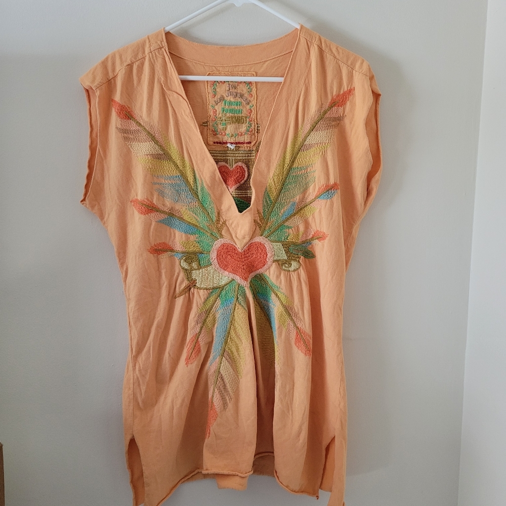 Johnny Was Peach Embroidered Heart Tunic with Multicolor Feathers